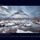 01 Januar. Die schneebedeckte Region Rannoch Moor in den schottischen Highlands. Berglandschaft mit Wolken.