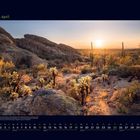 04 April. Eine Wüstenlandschaft im Sonnenuntergang mit Kakteen und Felsen.