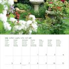 Kalenderblatt für Juli 2027, Montag bis Sonntag in mehreren Sprachen. Im Hintergrund ein Garten mit Brunnen und Statue.