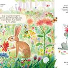 Ein Eichhörnchen mit Schal und ein Hase sprechen im bunten Blumenfeld. Text beschreibt ihre Unterhaltung.