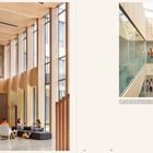 "LEFT This impressive five-story office building," rechts helle Holzarchitektur, Glaswände, Menschen in modernem Ambiente.