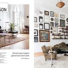 Rechts: Wohnraum mit Büchern, Bildern. Links: "JAMES HIGGINSON". Darunter stilvolles Wohnzimmer mit Pflanzen und Sesseln.