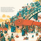 Text: "Finally, Issun Bōshi arrived in the city. What a commotion!"  
Illustration einer geschäftigen, bunten Stadtstraße mit Marktständen und Menschengewimmel.