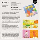 Texte im Bild: „MOODIES Tasty Little Feelings“, „Tiny characters, big feelings“, „Spring 2026“. 

Oben links sind Beschreibungen eines Kinderbuchs, welches Emotionen in Charaktere umwandelt. Rechts ist das Buchcover abgebildet. Unten sind zwei weitere Illustrationen mit bunten, lebensmittelartigen Figuren.