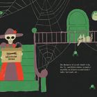 Geschenk für gruselige Dinge. Eine Skelettpuppe auf Treppen, Katze schleicht, Spinnweben, Halloween-Dekor.