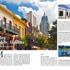 48 Stunden in Mobile, Alabama. Bunte historische Gebäude, ein hoher Wolkenkratzer, üppiges Grün, warme, belebte Atmosphäre.