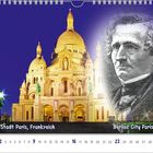 Text: "Berlioz-Stadt Paris, Frankreich" und Kalendarium. Links beleuchtete Basilika, rechts Porträt einer historischen Person.