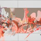 Abstrakte Malerei mit dynamischen Pinselstrichen in Rot, Rosa, Lila und Grau, verteilt über mehrere rechteckige Bereiche.