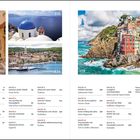 Inhalt mit Routen von Spanien bis Italien. Bilder von mediterranen Landschaften, Küsten und typischen Häusern. Scanbarkeit für Spotify.