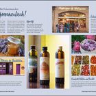 Text: "Echt provenzalisch! Aperitifs, Calissons d’Aix, Lavendelhonig, Kandierte Blüten und Früchte." Bilder von Honig, Flaschen, Süßigkeiten.