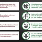 Texte: Medikamente allein sind durchgestrichen. Naturbelassene Ernährung ist die Basis. Illustrationen: Pillen, Obst.