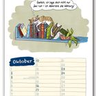 Eine Katze liegt gemütlich auf Büchern und sagt: „Quatsch, ich liege doch nicht nur faul rum - ich dekoriere die Wohnung!“
Darunter ein Oktoberkalender.