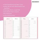 + Gold Veredelung, Aktionsseite, Feiertage, Schulferien, Mondphasen, Jahresübersichten. Logo oben rechts. Kalenderseiten offen.