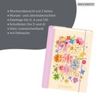 Links stehen Planungspunkte für D, A, CH. Rechts ein bunter Kalender mit Blumen und Text "2024 HALLO GLÜCK".