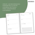 + Monats- und Jahresübersichten, Feiertage, Schulferien, Satin-Lesezeichenband, Faltasche. Ein geöffneter Kalender.