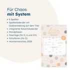 Text über Familienplaner mit Details wie Spalten, Goldveredelung, Adventskalender, Mondphasen, Feiertage, Schulferien.