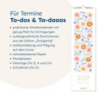 Text: Für Termine, To-dos & Ta-daaas. Praktischer Streifenkalender, außergewöhnliche Illustrationen. Logo: Blumenmuster.