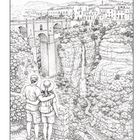 Illustration: Ein Paar betrachtet eine Brücke über einer Schlucht und Wasserfall, umgeben von Gebäuden und Natur.