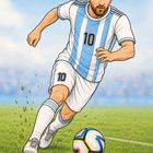 Nummer 10 auf Trikot. Illustration eines Fußballspielers in argentinischem Trikot, dribbelnd auf einem Spielfeld.