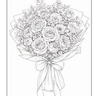 Illustration eines opulenten Blumenstraußes mit Rosen und Schleife, detailliert und fein gezeichnet.