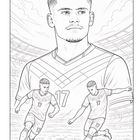 Nummer 17 auf einem Trikot. Illustration eines Fußballspielers im Stadion beim Dribbeln und Schießen.