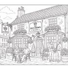 Schriftzüge: "THE OLD CROWN," "GOOD FOOD SERVED DAILY." Illustration eines traditionellen Pubs mit Menschen vor dem Gebäude.