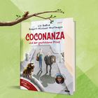 Titel: "COCONANZA und der gestohlene Prinz". Ein Buchcover zeigt eine Straße mit Charakteren und einem Hund.
