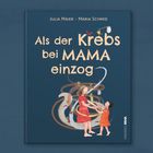 Buchtitel "Als der Krebs bei MAMA einzog". Zwei Figuren tanzen vor einer symbolischen Illustration.