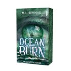 Titel: "Ocean Burn - Im Schatten der See". Grünes Auge mit stürmischem Ozean und Gewitter.