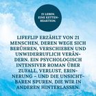 Ein Text auf blauem Hintergrund beschreibt den Roman "Lifeflip" über 21 Menschen und ihre unausweichlichen Veränderungen.