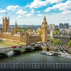 Kalender mit Zahlen und Tagen unten. Abgebildet die Westminster Bridge, Big Ben und das Parlamentsgebäude in London.