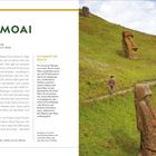 Text: "Chile - Ara O Te Moai - Auf uralten Pfaden über die Osterinsel" 
Rechts: Mehrere Moai-Statuen auf grüner Wiese, Person wandert.