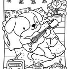 Illustration: Ein niedlicher Hund spielt Gitarre auf einem gepunkteten Kissen, umgeben von Dekorationen.