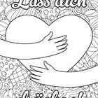 Text: "Lass dich drücken!" Zwei Arme umarmen ein Herz, umgeben von Blumenmustern in einer detaillierten Illustration.