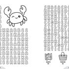 KRABBE 14x. Buchstabensalat links, süße Krabbenillustration. Rechts: Symbole mit Karte, Tasche, Ticket, Geld.