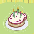 Illustration: Eine lächelnde Torte mit drei brennenden Kerzen, umgeben von einem gepunkteten Rahmen auf grünem Hintergrund.