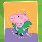 Eine Illustration zeigt ein rosafarbenes Schwein mit einem grünen Stoffdinosaurier auf orange-lilafarbenem Hintergrund.