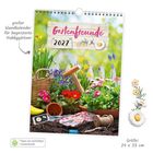 "Gartenfreunde 2027" mit Gartenwerkzeugen und blühenden Blumen vor einem weißen Zaun. Große Schrift: "großer Wandkalender für begeisterte Hobbygärtner". Größe: 24 x 33 cm.