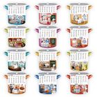 12 illustrierte Kalenderblätter mit Comics in Topfform; Monate und humorvolle Szenen zu jedem Monat.