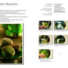 Text: "Lektion 144 Pistazien-Macarons". Rezept für ca. 40 Macarons. Bilder zeigen Zubereitungsschritte, darunter Macarons auf einem Teller.