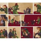 Comic-Kacheln zeigen eine actionreiche Kampfszene mit mehreren Figuren in einem Flur.