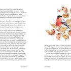 Text auf Seite 150/151: "November". Illustration: Ein Gimpel mit korallenroter Brust auf Herbstblättern sitzend.