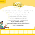 "Schätz mal!" Fragen zu Disney-Filmen, z.B. Pocahontas' Jahr, Prinzessinnen mit Grübchen. Tabelle unten für Namen/Punkte.