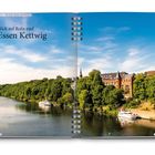 "Blick auf Ruhr und Essen Kettwig" in großer Schrift. Unten fließt ein Fluss mit grüner Uferlandschaft und Booten.