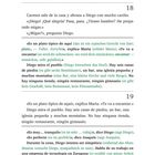 Seitenzahlen 18 und 19. Spanischer Text mit deutscher Übersetzung in Grün. Dialoge über traditionelle Gerichte und Dorfleben.