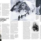 "Bergsteigen wird ZUM SPORT (1870 bis 1900)." Foto: Bergsteiger im Schnee mit Seilen, historische Kleidung. Portrait eines Mannes.