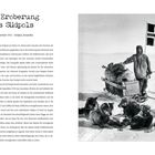 Titel: "Die Eroberung des Südpols". Datum: 14. Dezember 1911. Ein Entdecker mit Schlitten und Huskys, norwegische Flagge.