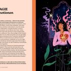 "Die Magie der Emotionen" in großer Schrift. Illustration: Person mit Herz und Flammen vor einem dunklen, mystischen Hintergrund.