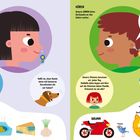 RIECHEN: Mit Nase riechen wir Gerüche. HÖREN: Ohren leiten Geräusche weiter. Illustrationen von Menschen, Tieren, Objekten.