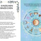 "Die Einzelnen Sternzeichen" oben, Beschreibung der 12 Tierkreiszeichen und ihrer Elemente. Rechts Illustrationen der Sternzeichen.